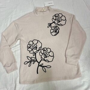 COMO BLU Women’s Floral Embroidered Mock Neck Sweater – Size M – Soft Pink